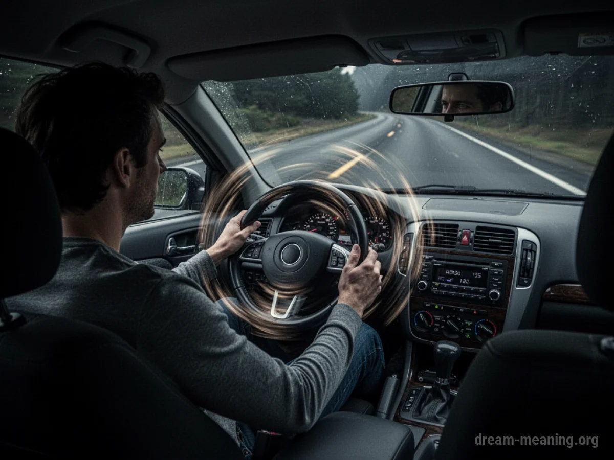 Silhouette of a passenger in a car with the steering wheel spinning.