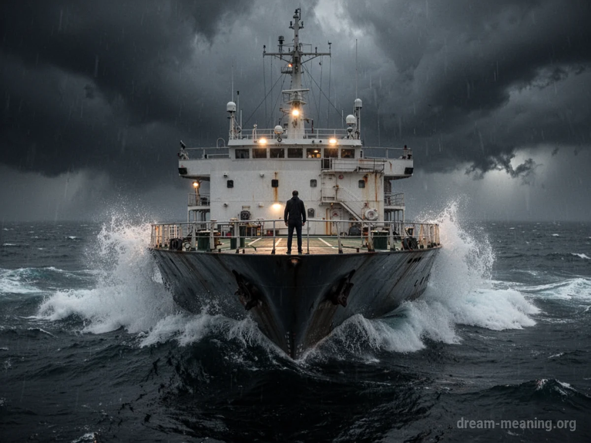 A person stands on the deck of a large ship with water rising around the hull under a stormy sky.