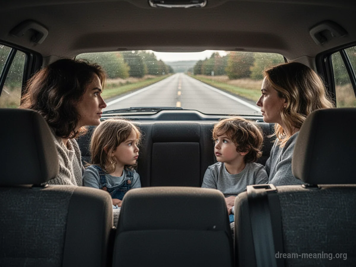 A family seated in the back of a car, observing the passing scenery.