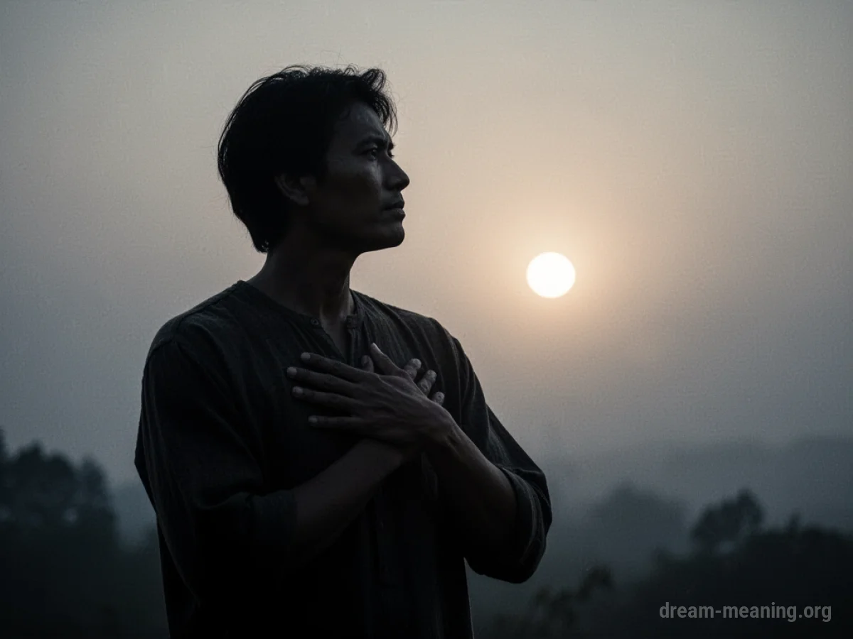 Silhouette of a person holding their chest, facing a faint light.