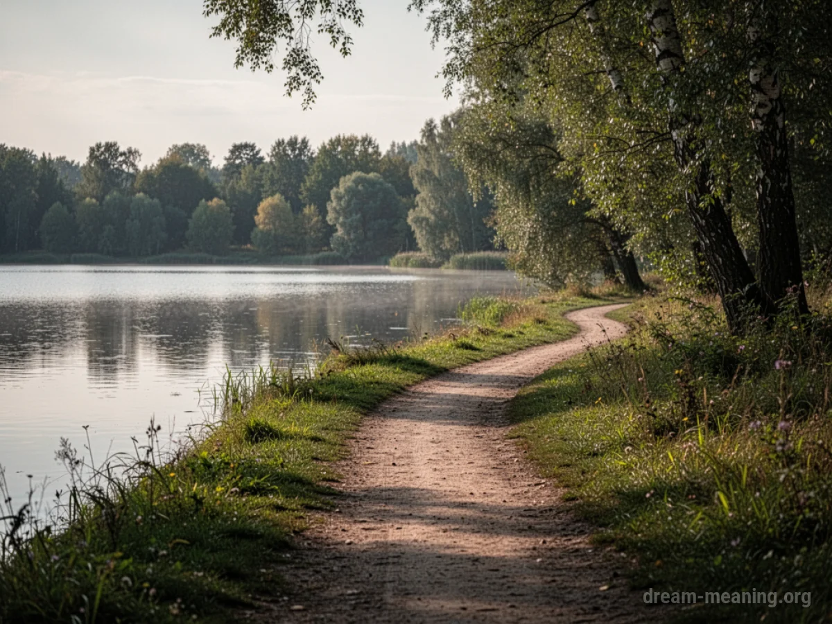 A dirt path running parallel to a still lake.
