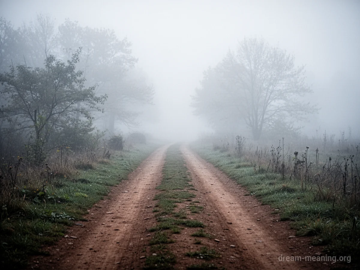 A dirt path abruptly stops at the edge of a thick, white fog.