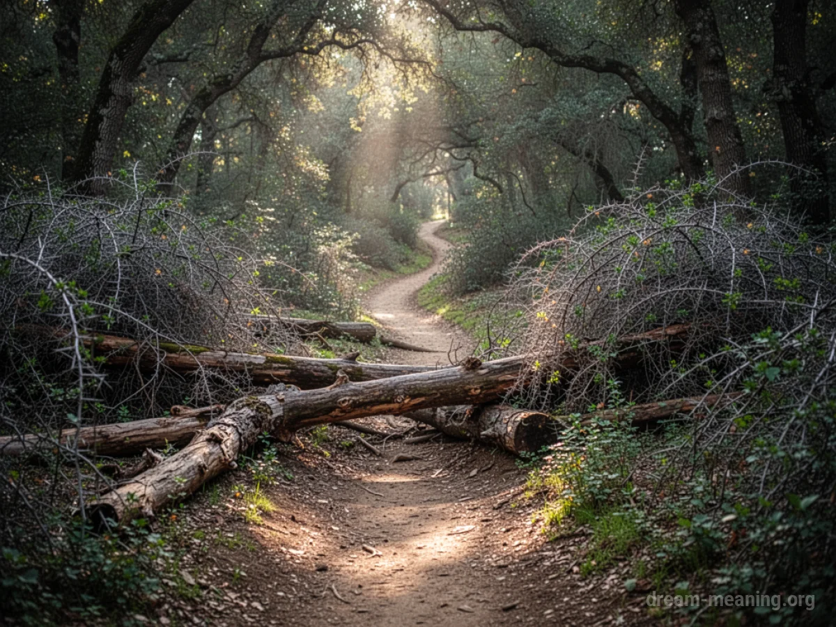 A narrow dirt path blocked by fallen logs and thorny bushes.