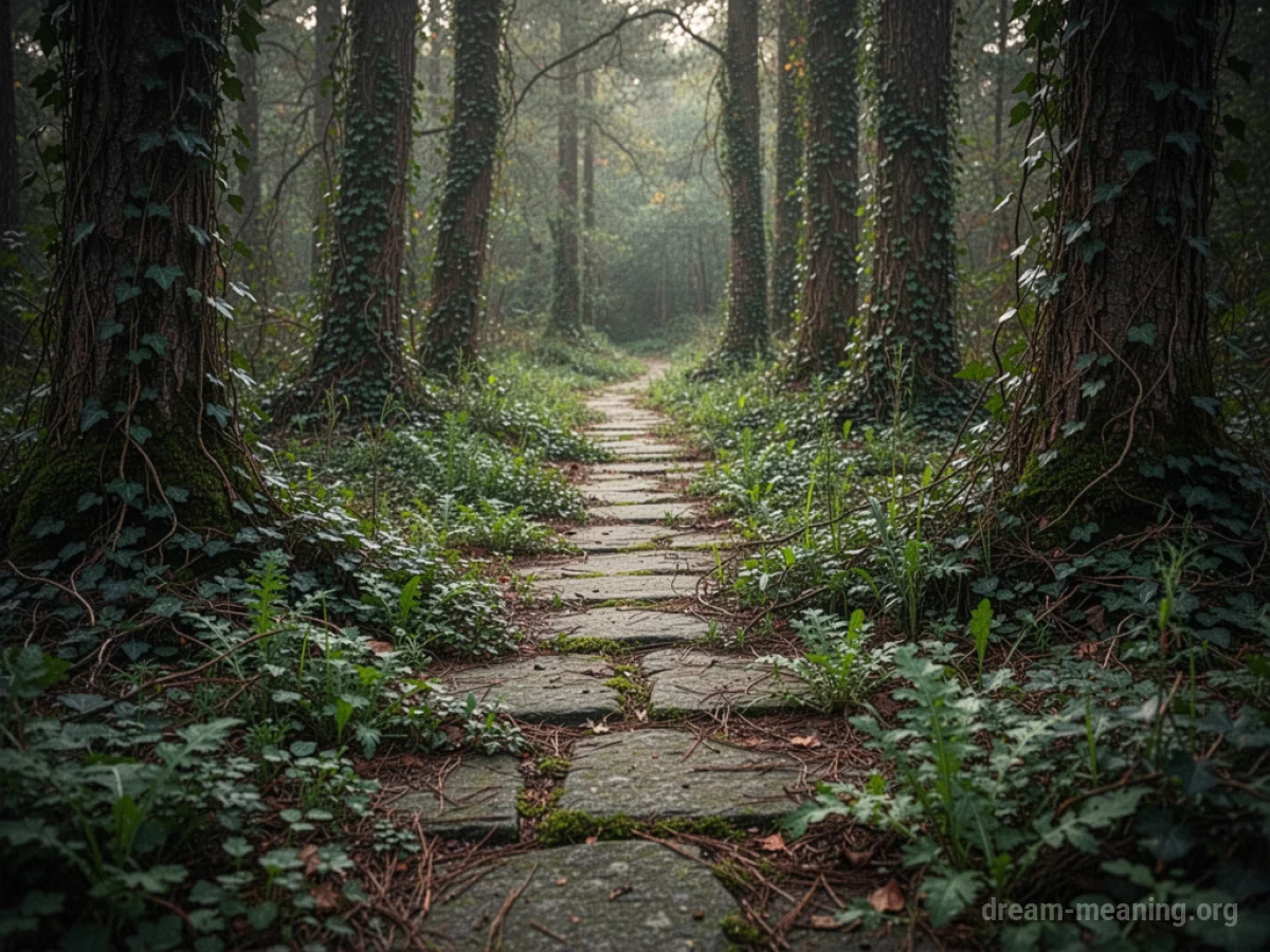 A stone path almost completely hidden by dense green foliage and vines.
