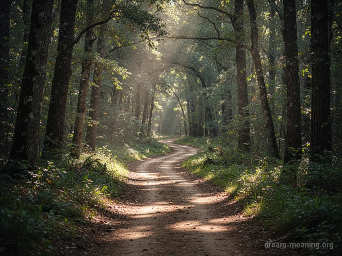 A dirt path winds through a dense forest with tall trees and sunlight.