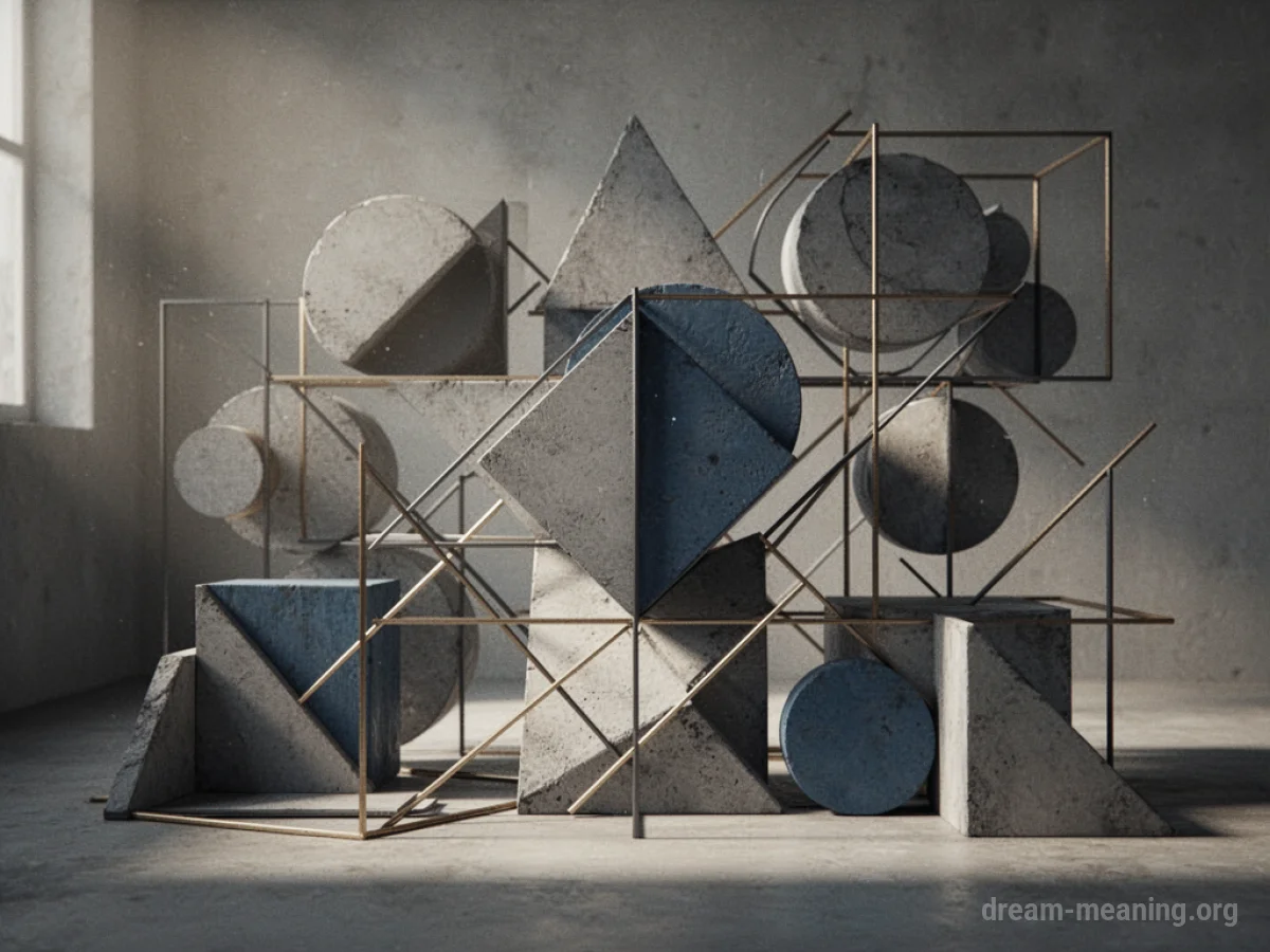 Interlocking geometric shapes and lines creating a structured design.