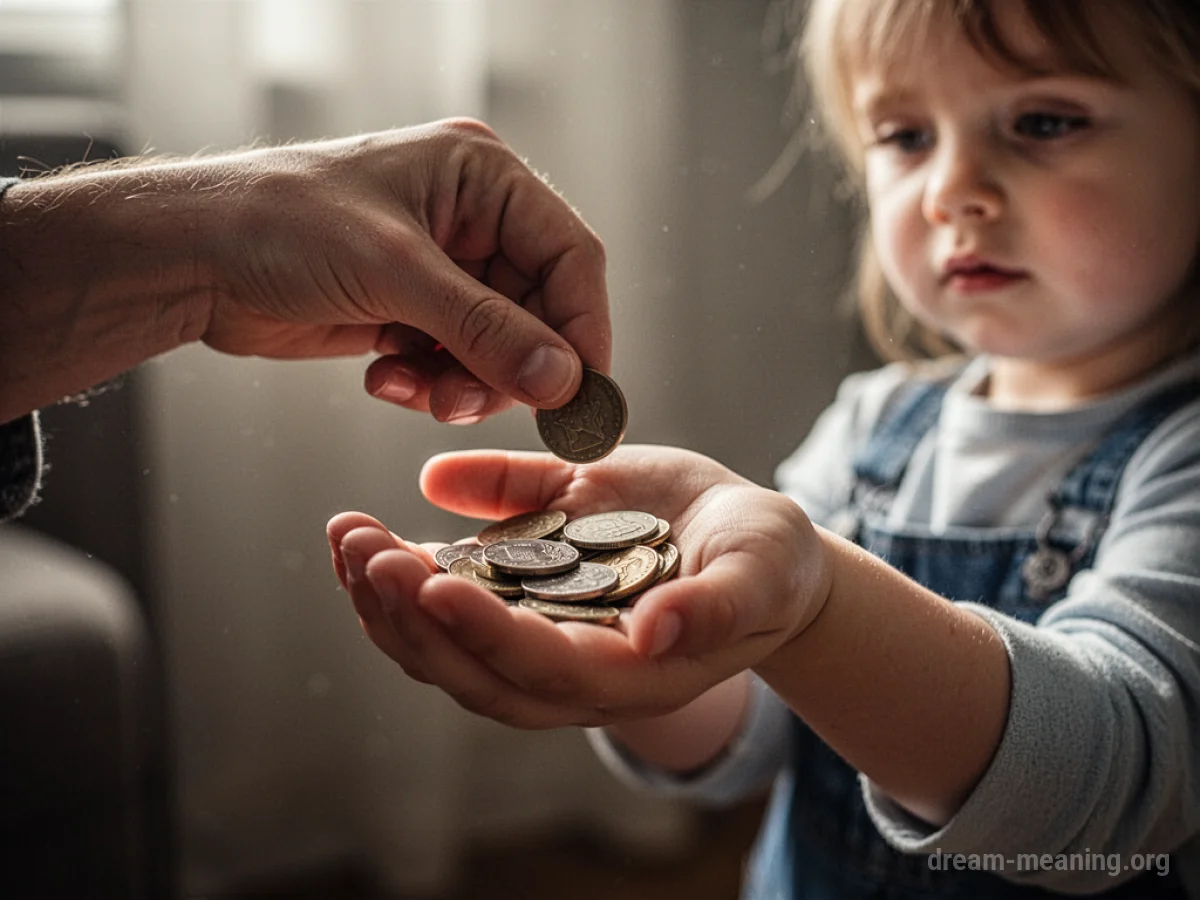 A hand giving coins to a child.
