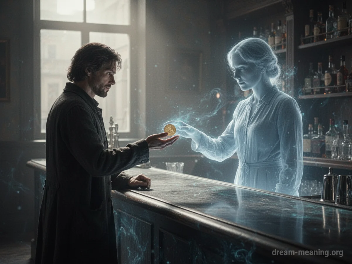 A shadowy figure hands a coin to a faint outline of another person.