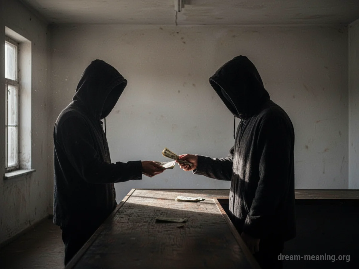 A person at a counter holding money, in a dimly lit room.