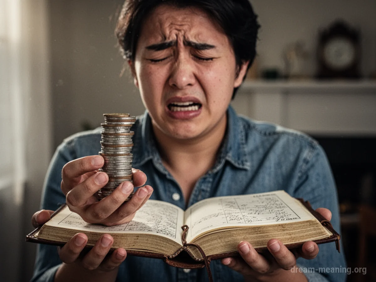 A person holding coins in front of a closed ledger.