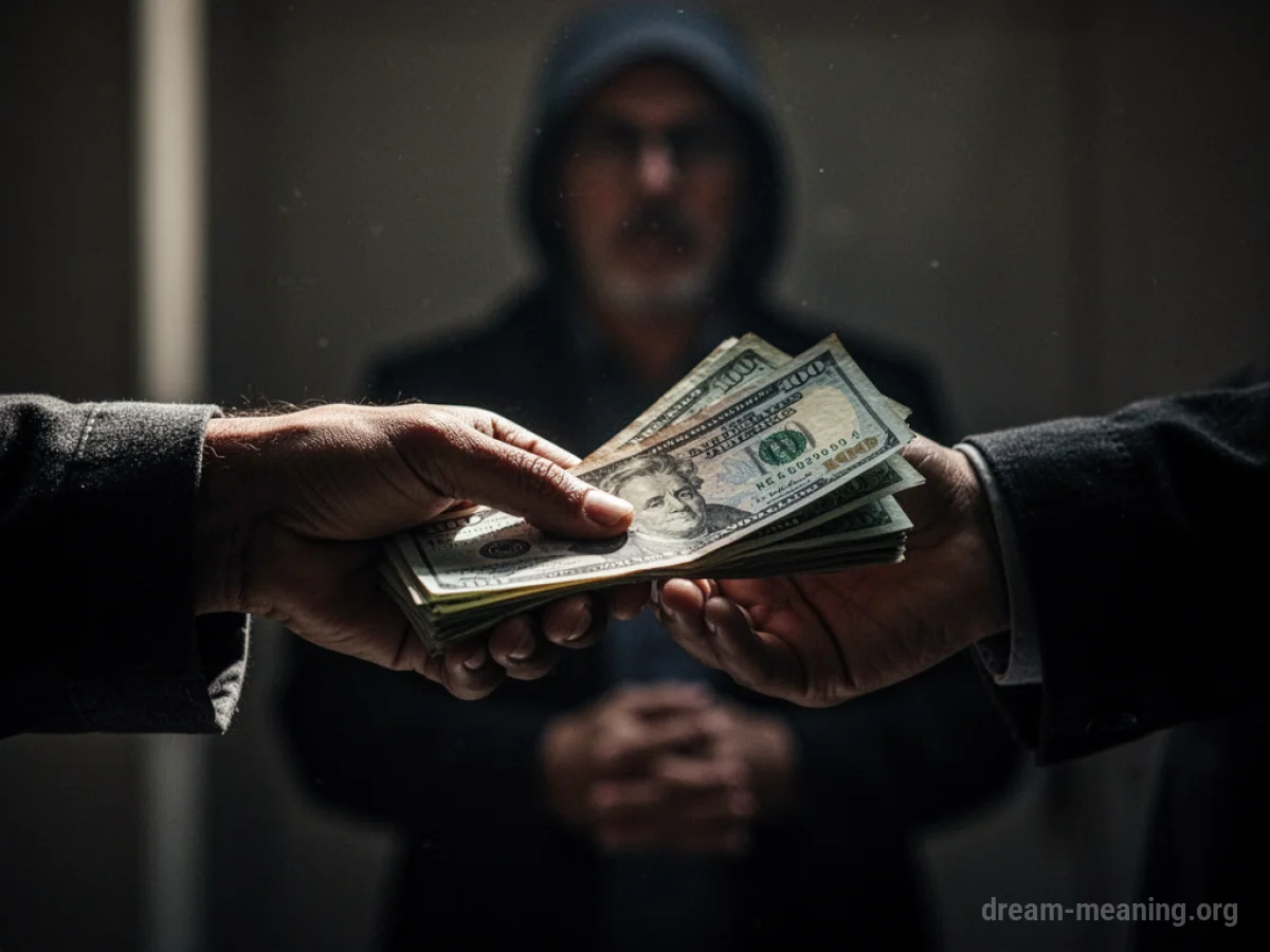 A close-up of a hand giving cash to another hand in dim lighting.