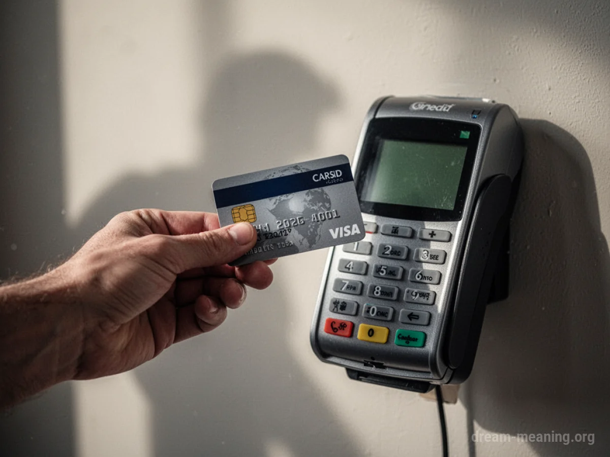 A hand holding a credit card near a blank card reader.
