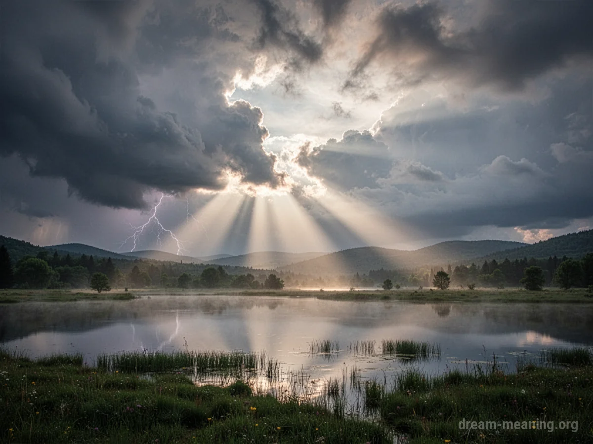 Sunlight breaking through clouds over a calm landscape.