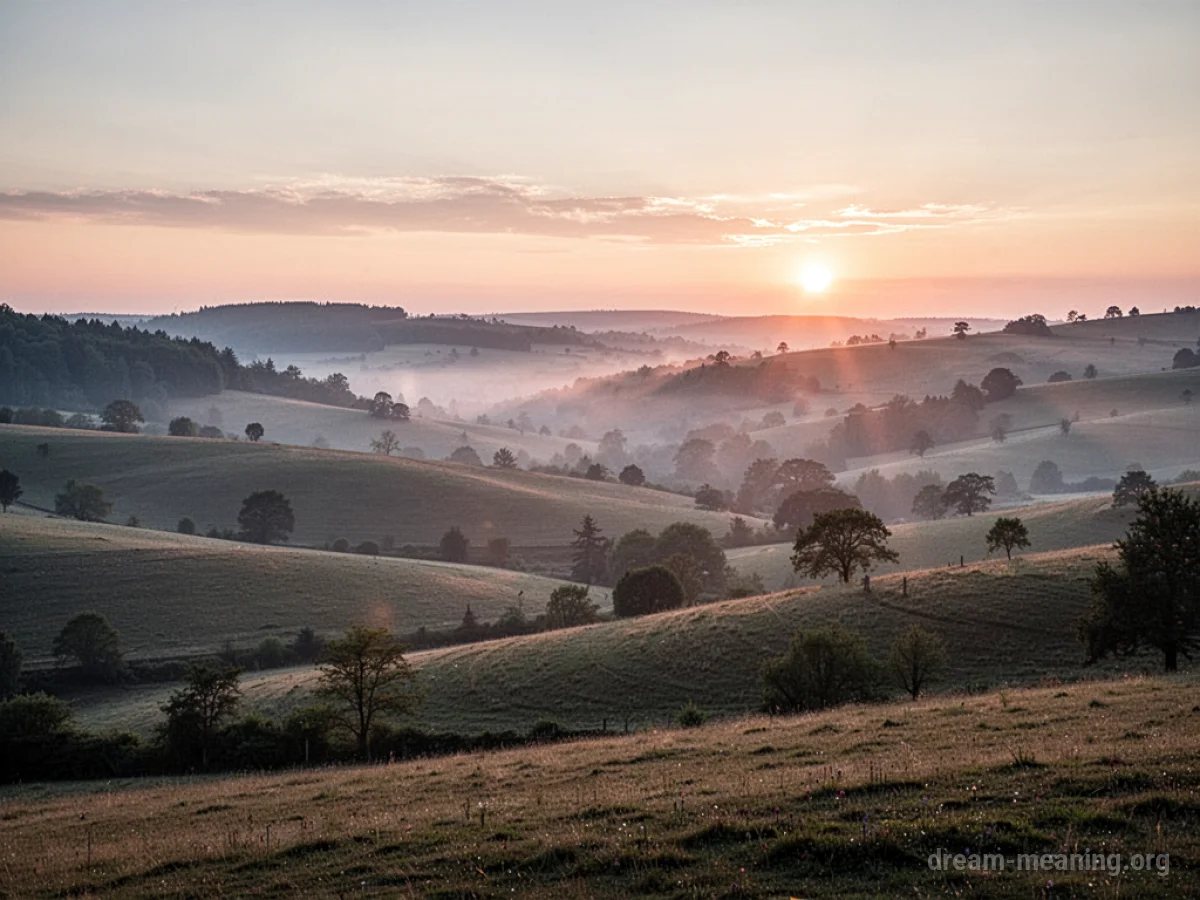 A tranquil landscape bathed in soft morning light.
