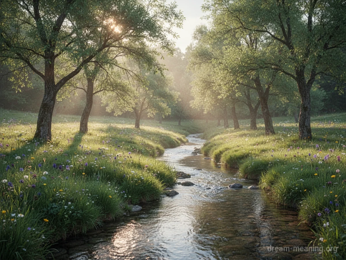 A sunlit meadow with trees and a flowing stream.