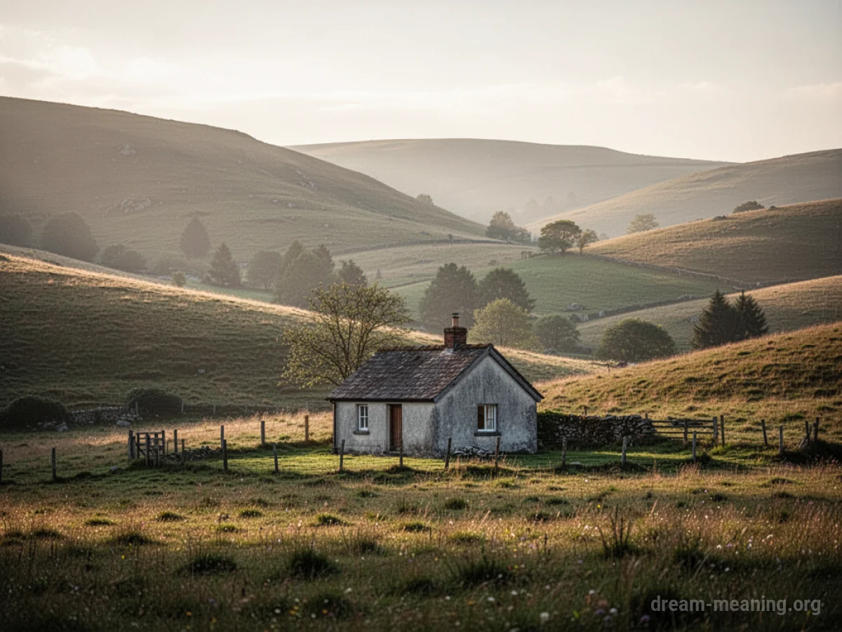 A small, cozy cottage in a sunlit, rolling green landscape.