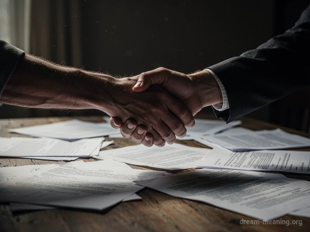 Two hands shaking above a table with documents.