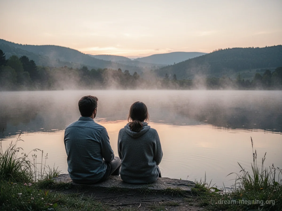 A lone figure sits by a calm lake as mist rises.
