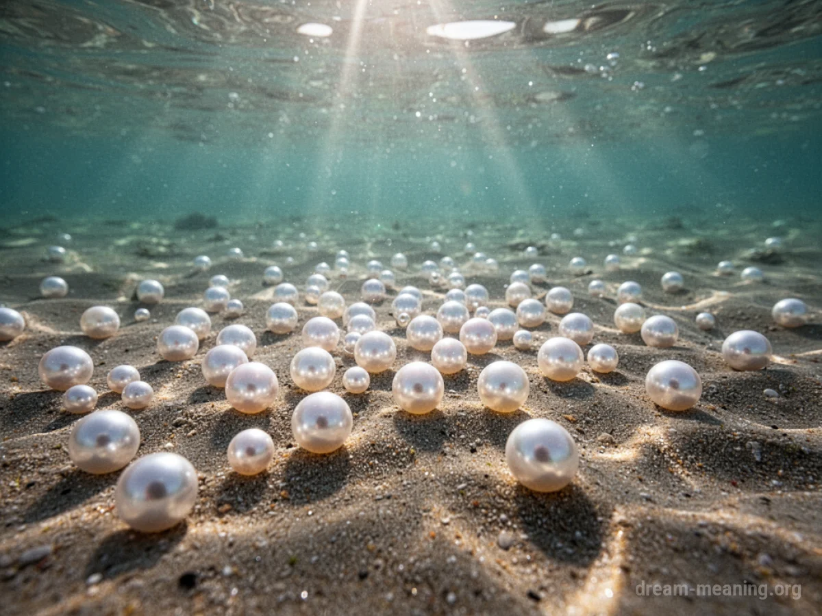 Pearls resting on the seabed beneath clear water.