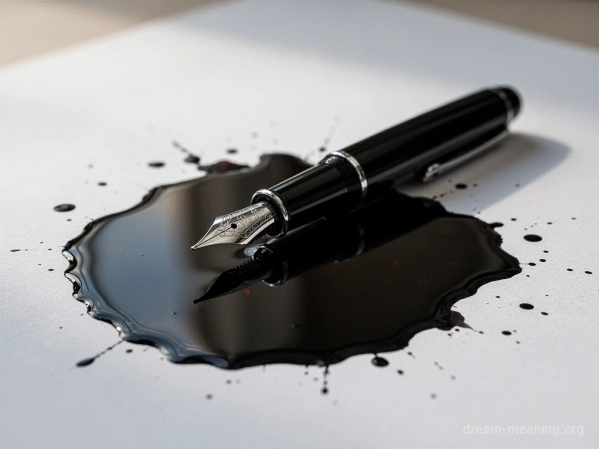 A black pen has leaked a large puddle of ink onto a white surface.