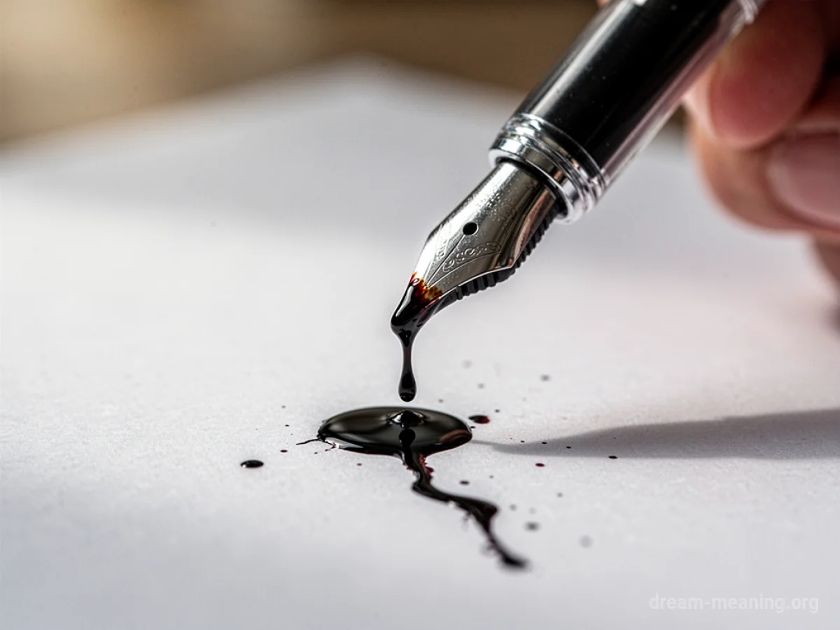 A writing pen with ink dripping from its nib.