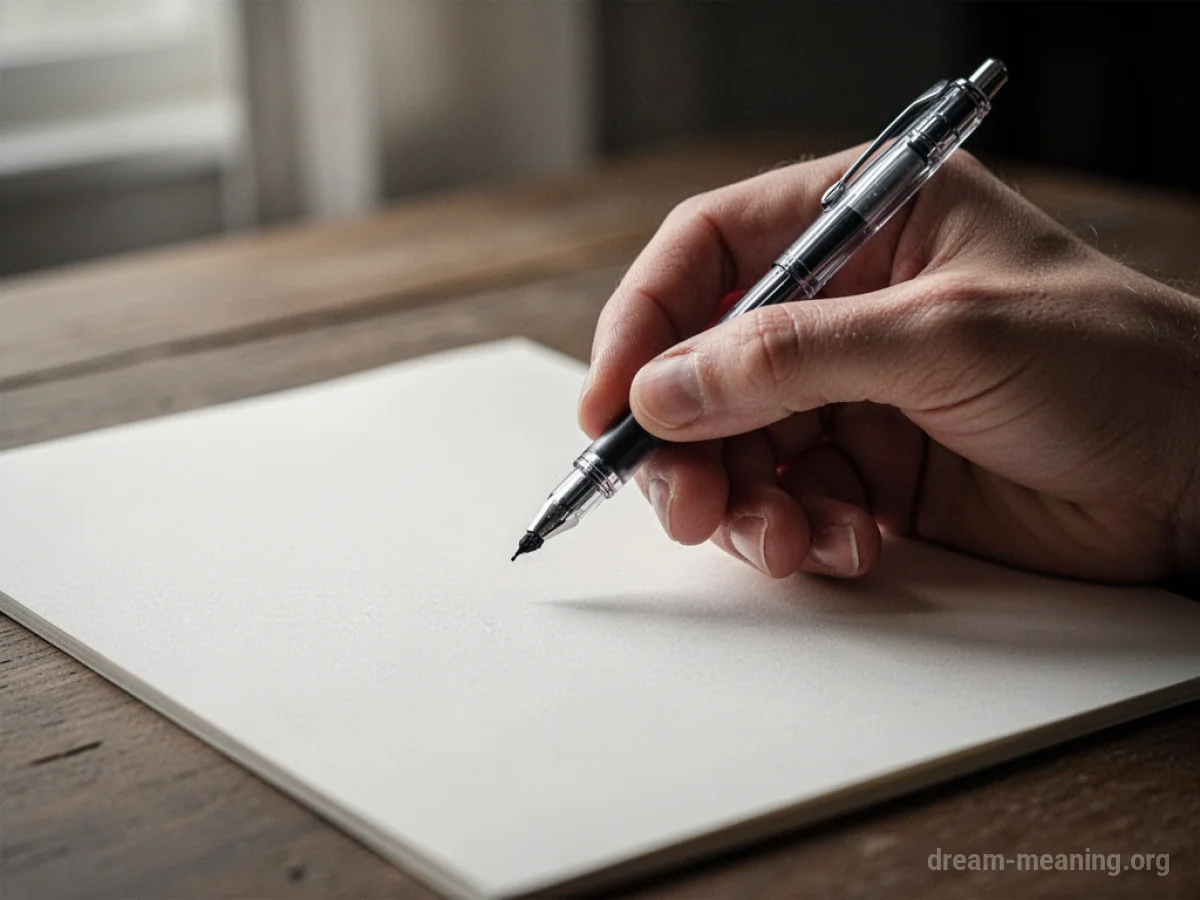 A hand holding a pen over an empty piece of paper.
