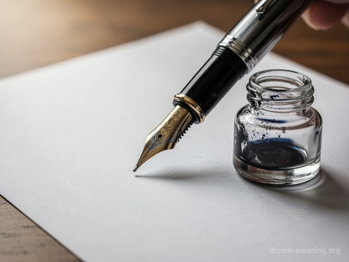 A fountain pen poised over a blank page with an empty inkwell.