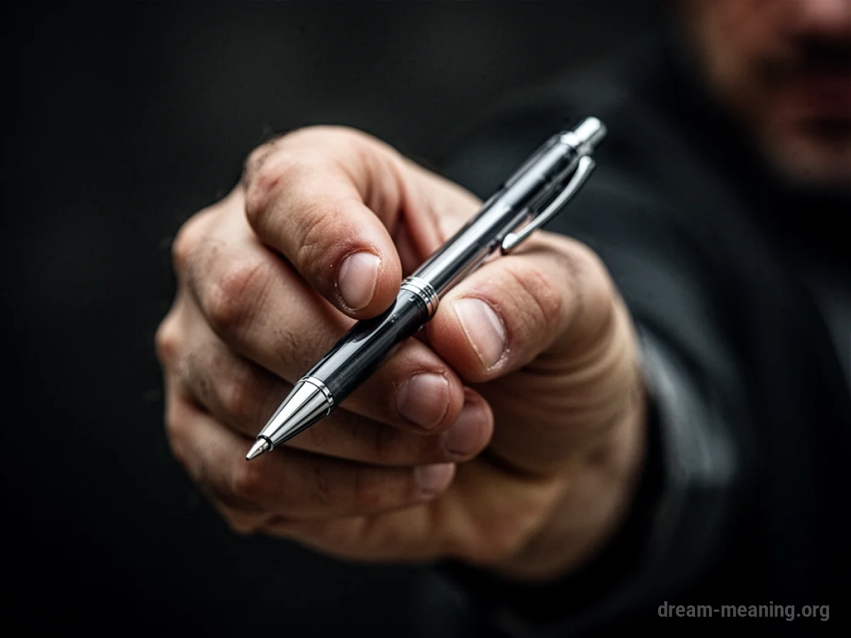 A hand holding a pen like a dagger.