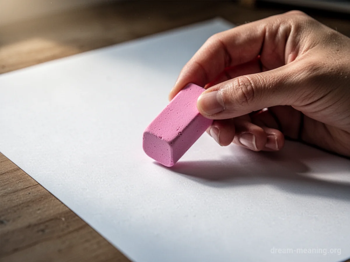 A pink pencil eraser held above a white paper.