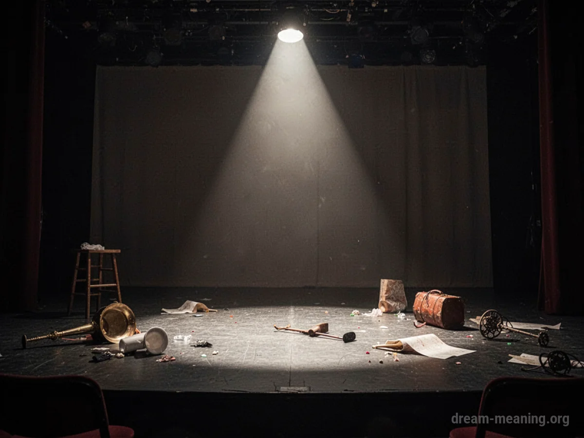 An empty stage with a single spotlight and scattered props.