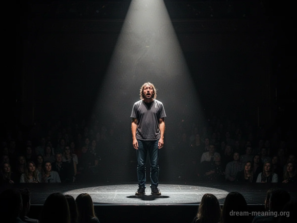 A person on a stage illuminated by a spotlight, with shadows in the background.