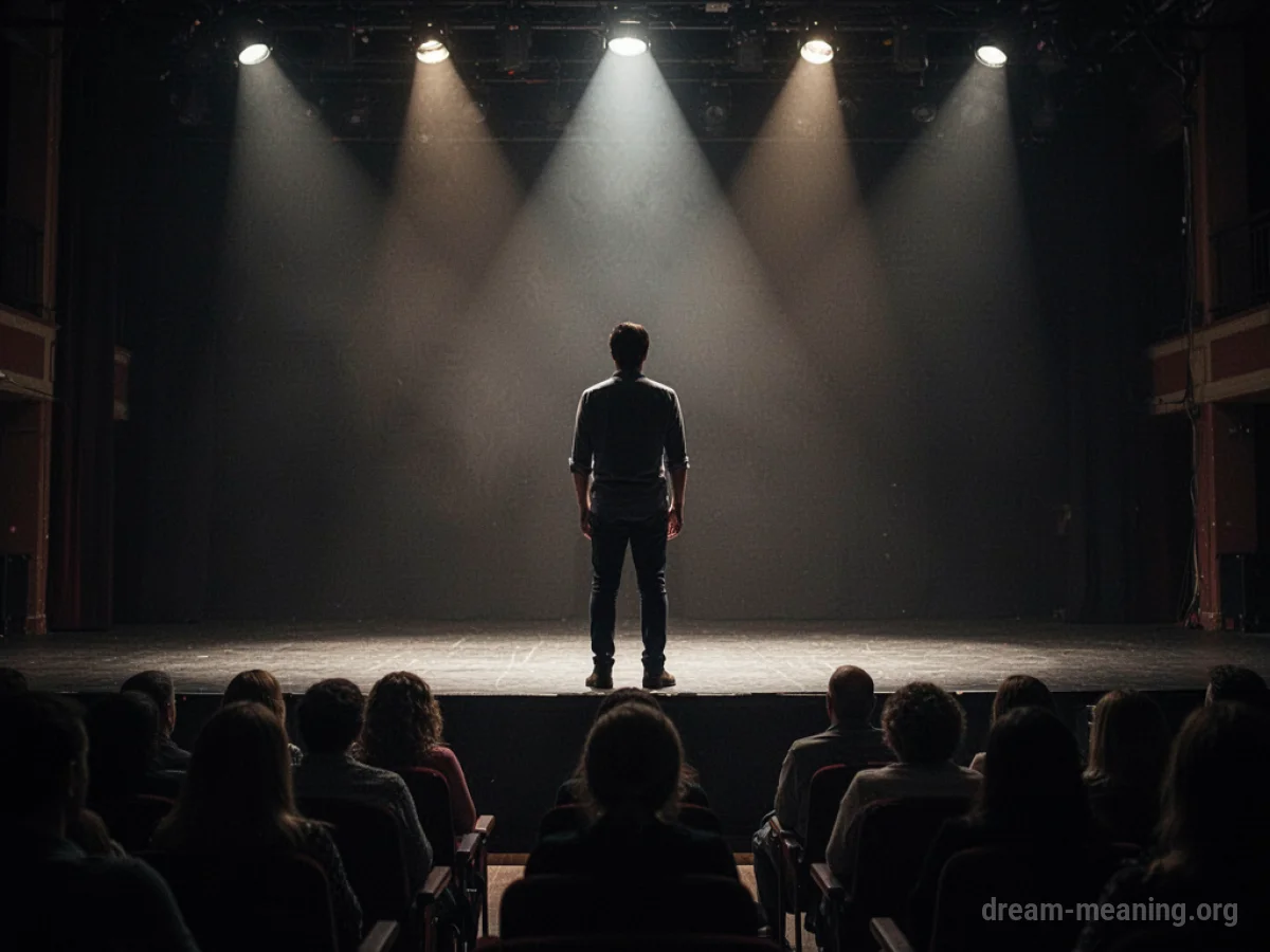 Silhouette of a person on a stage facing an audience member.