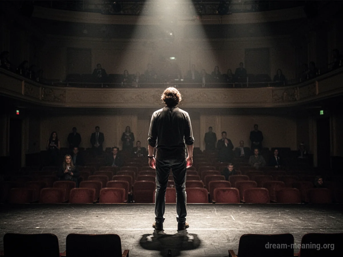 A solitary figure stands on a stage in front of a dark audience.