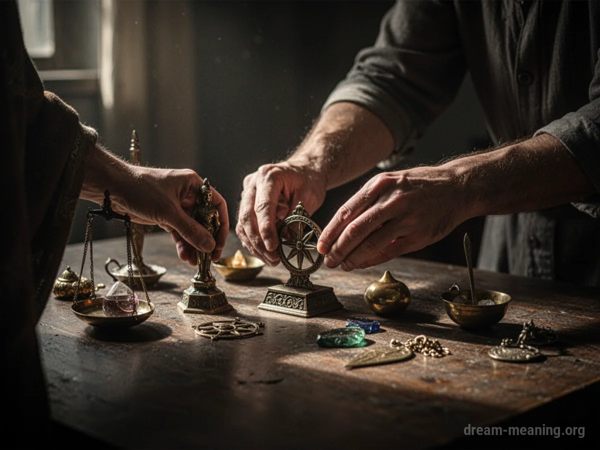 Hands arranging items on a table.