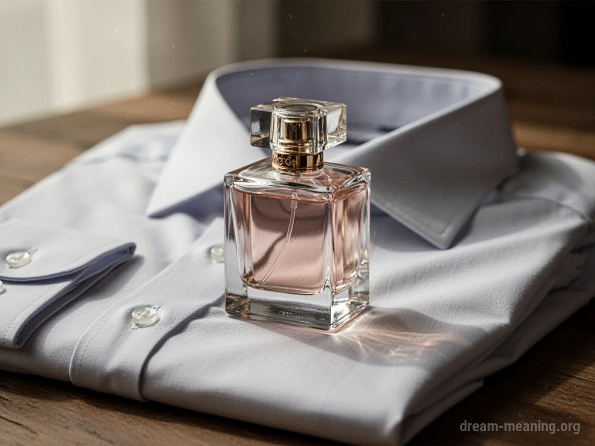 A glass perfume bottle resting on a white shirt.