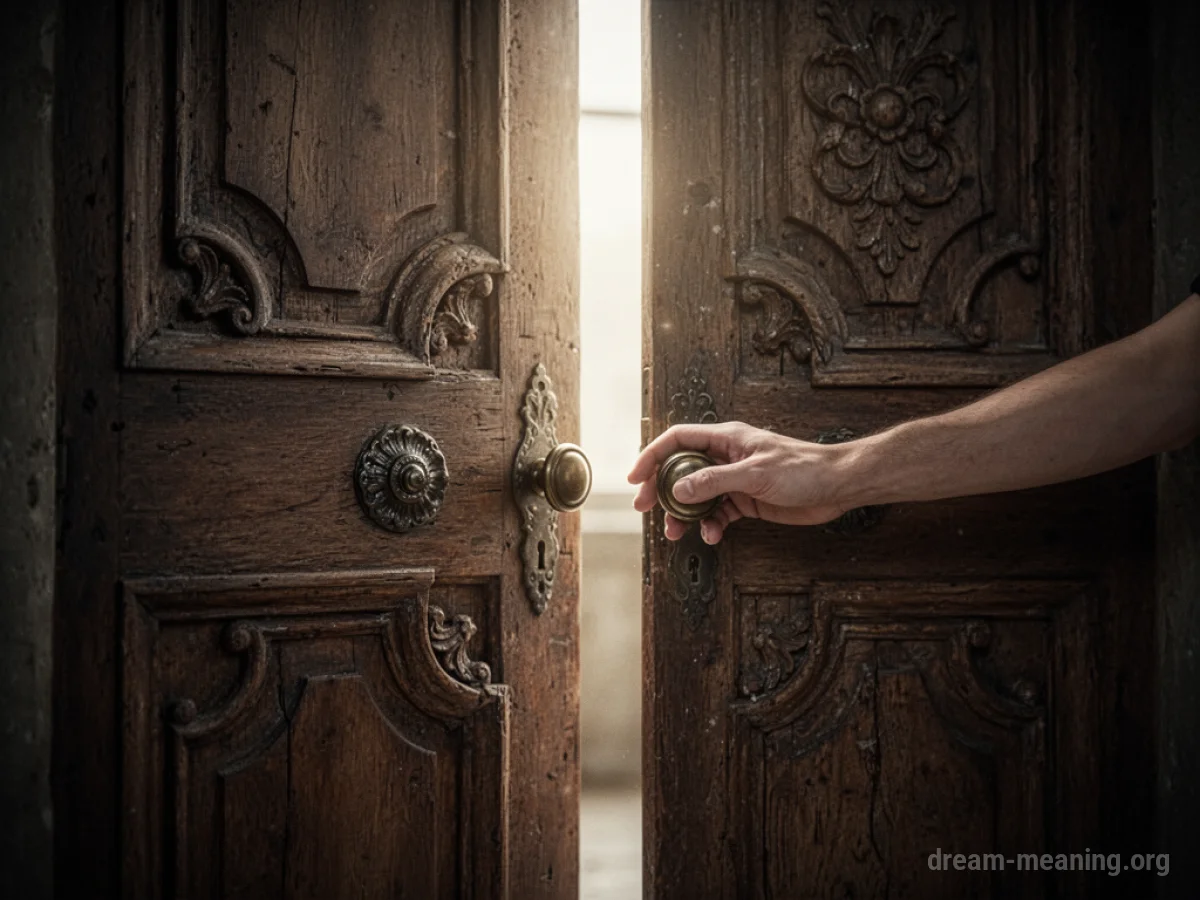 A partially open wooden door with light showing from inside.