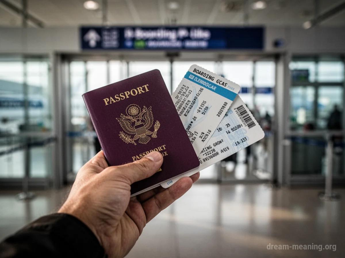 A hand holding a passport and a boarding pass near an airport gate.