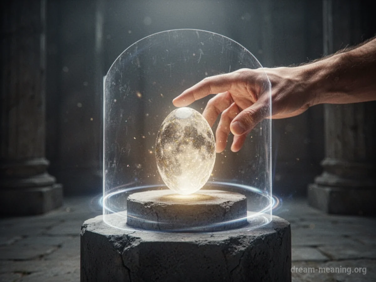 A hand reaching towards a glowing item behind a soft barrier.