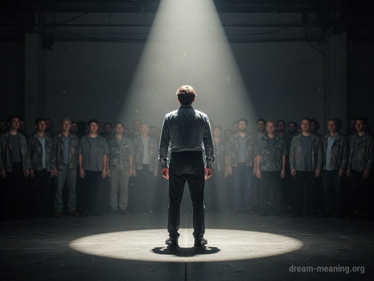 A person standing alone under a bright light with shadowy figures observing from a distance.