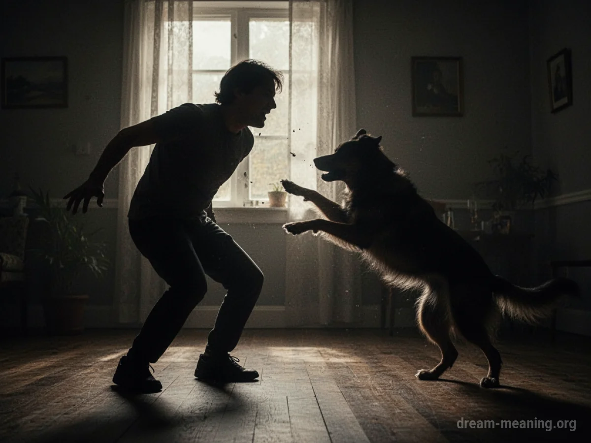 Silhouette of a person facing a looming, shadowy pet.