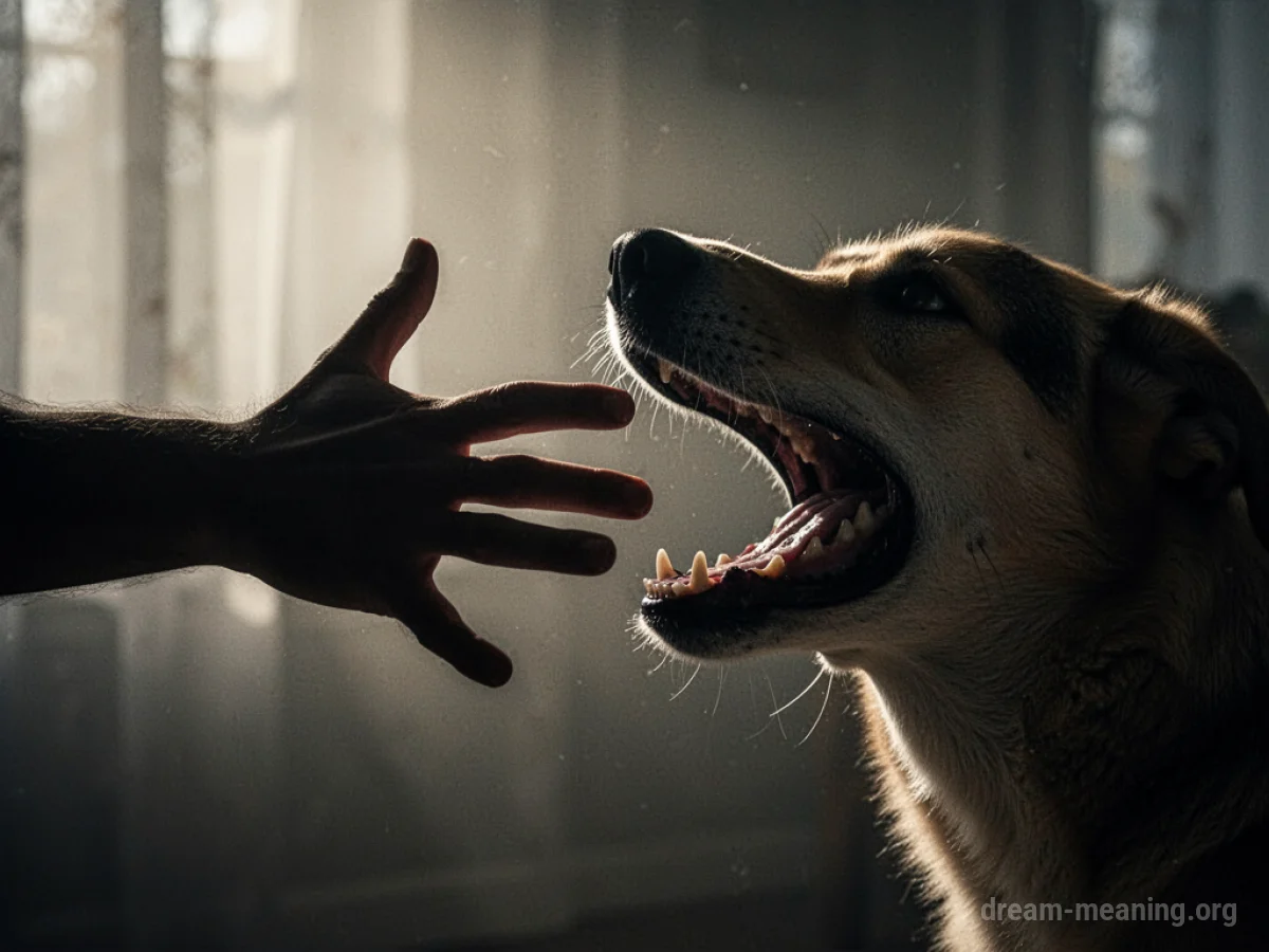 A dog's open mouth with teeth visible, near a hand.