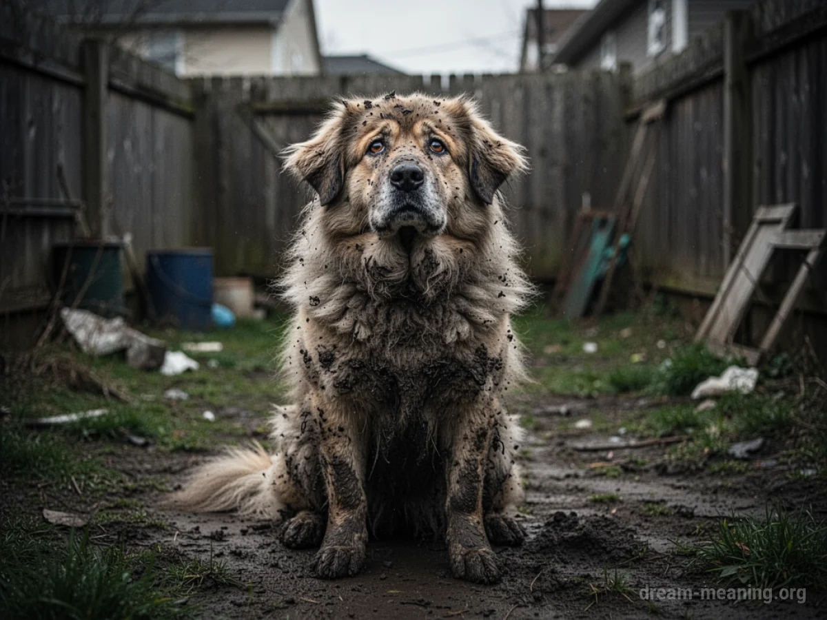 A muddy dog sitting in a backyard.