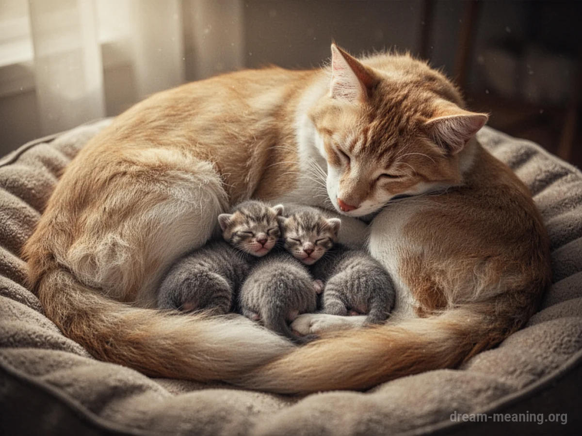 A mother pet resting with her newborn offspring.