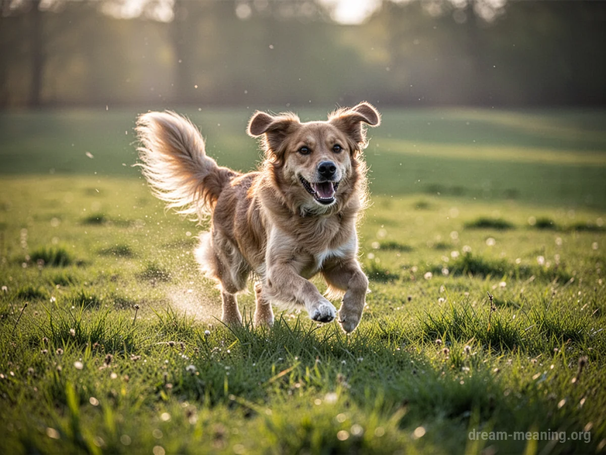 A dog running and playing in a grassy field.
