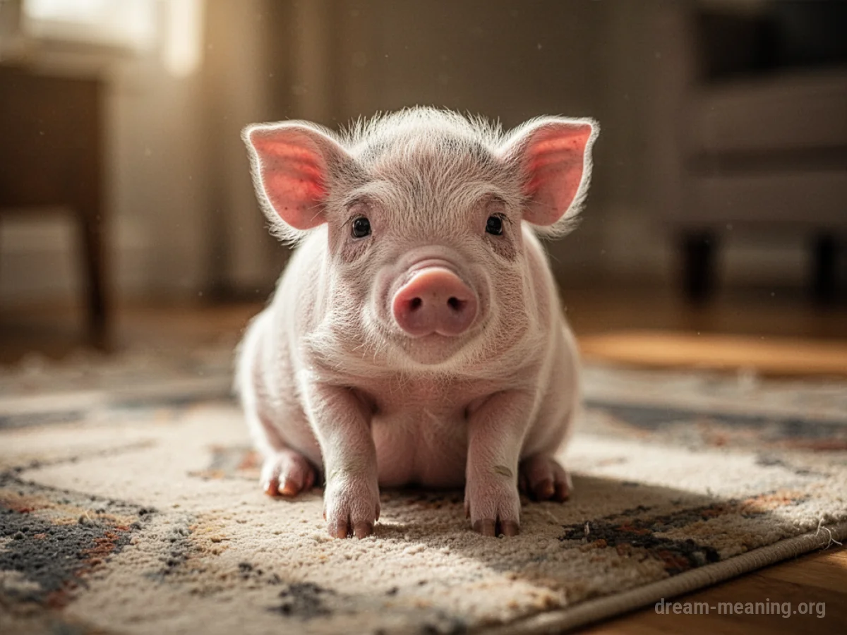 A small, domestic piglet sitting on a rug.