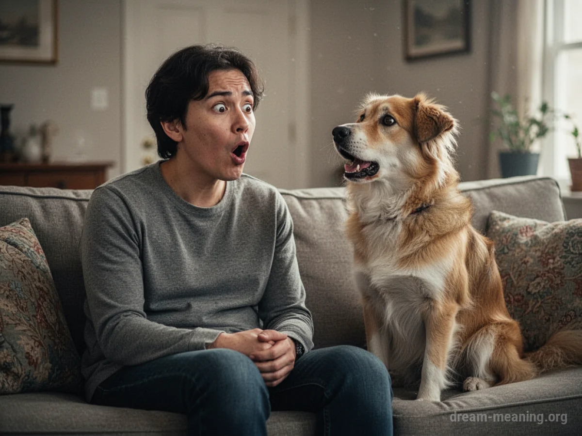 A person and their pet dog looking at each other, with the dog's mouth open as if speaking.