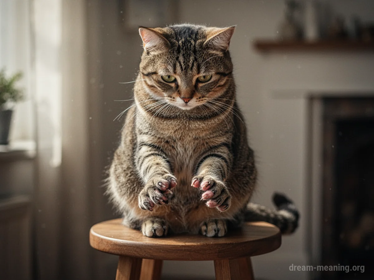 A cat sitting on a stool, with its paws subtly changing into human-like hands.