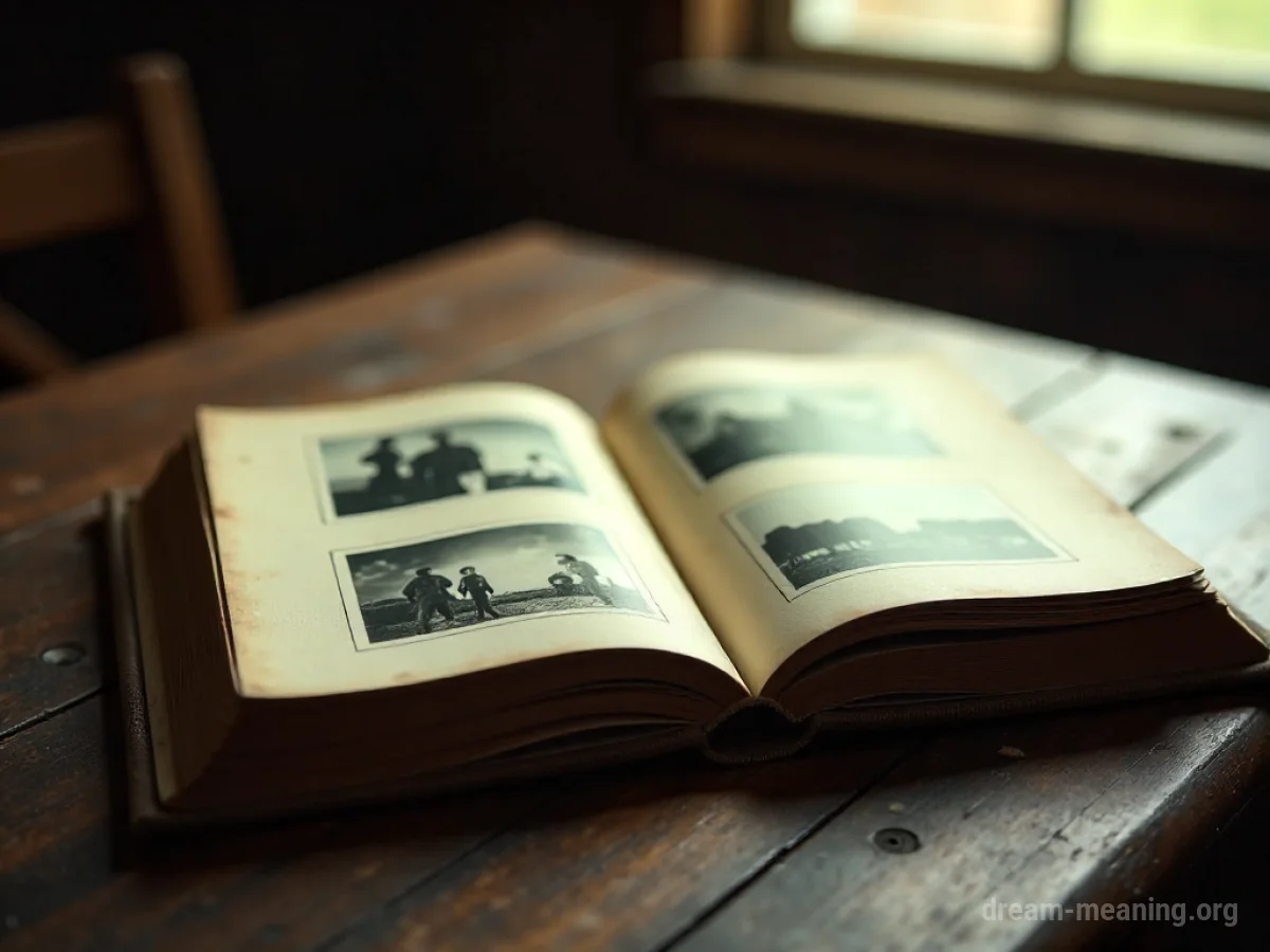 An open photo album filled with old photographs.