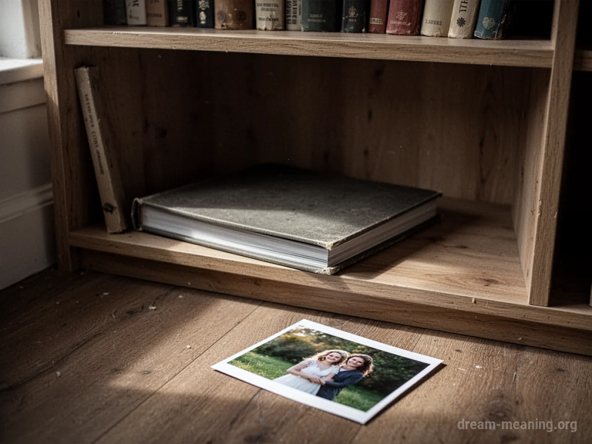 An empty shelf where a photo album should be, with one photo on the floor.