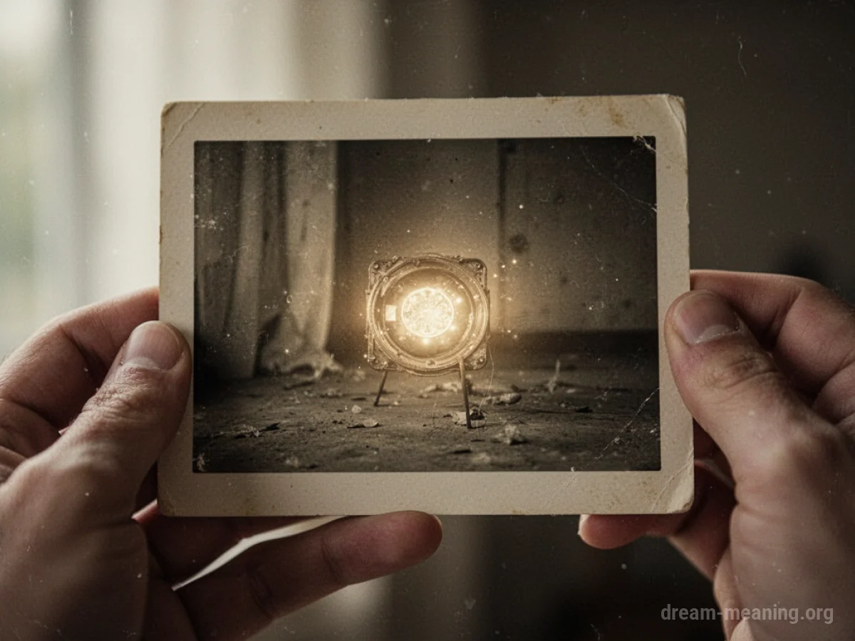A hand holds an old photograph, with a glowing detail appearing within the image.